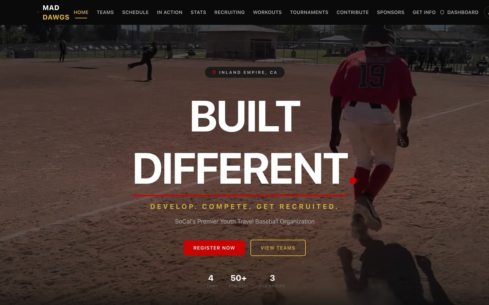 A club home page headed “Built Different” over background video of a game in play — a baserunner running up the line in a dust cloud — with registration and team links and three program statistics.